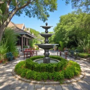đài phun nước mini bằng đá trang trí sân vườn homestay