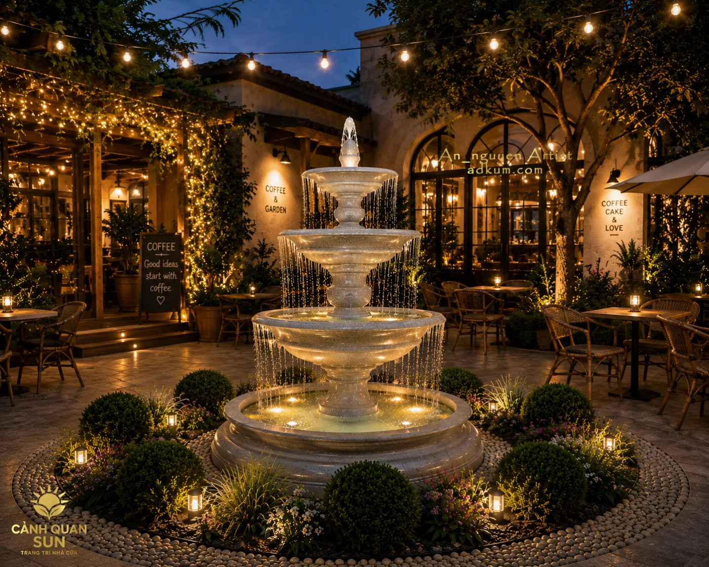 ý tưởng sân vườn tiểu cảnh đài phun nước cho quán cafe
