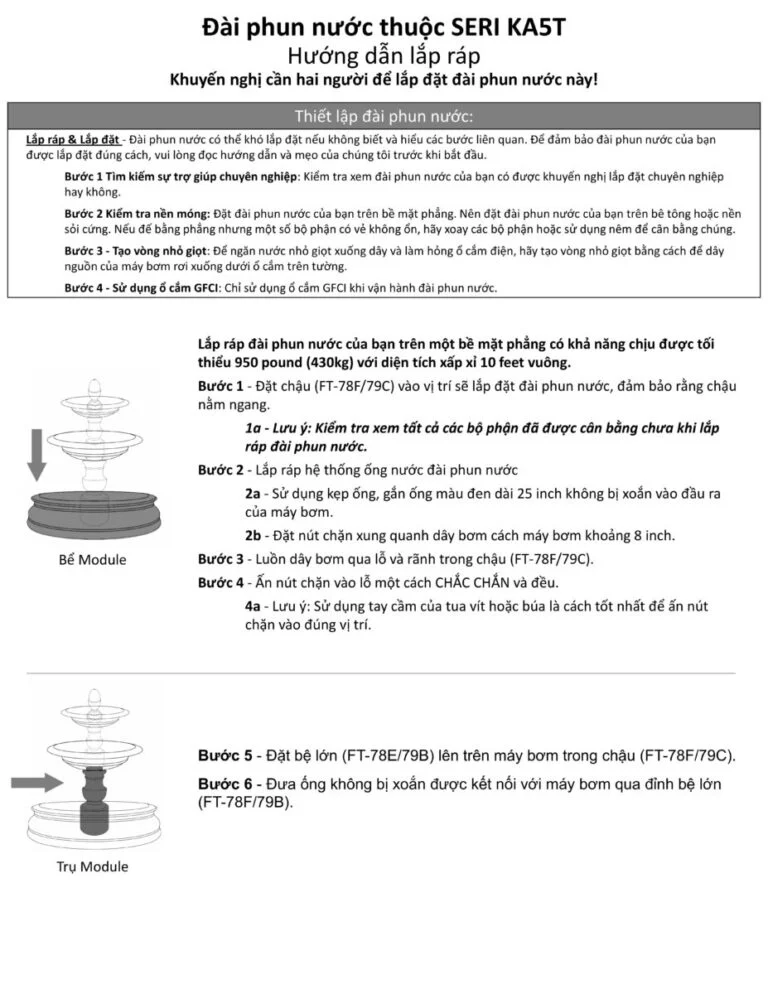 tờ 1 hướng dẫn lắp đặt đài phun nước seri ka5t tiếng Việt
