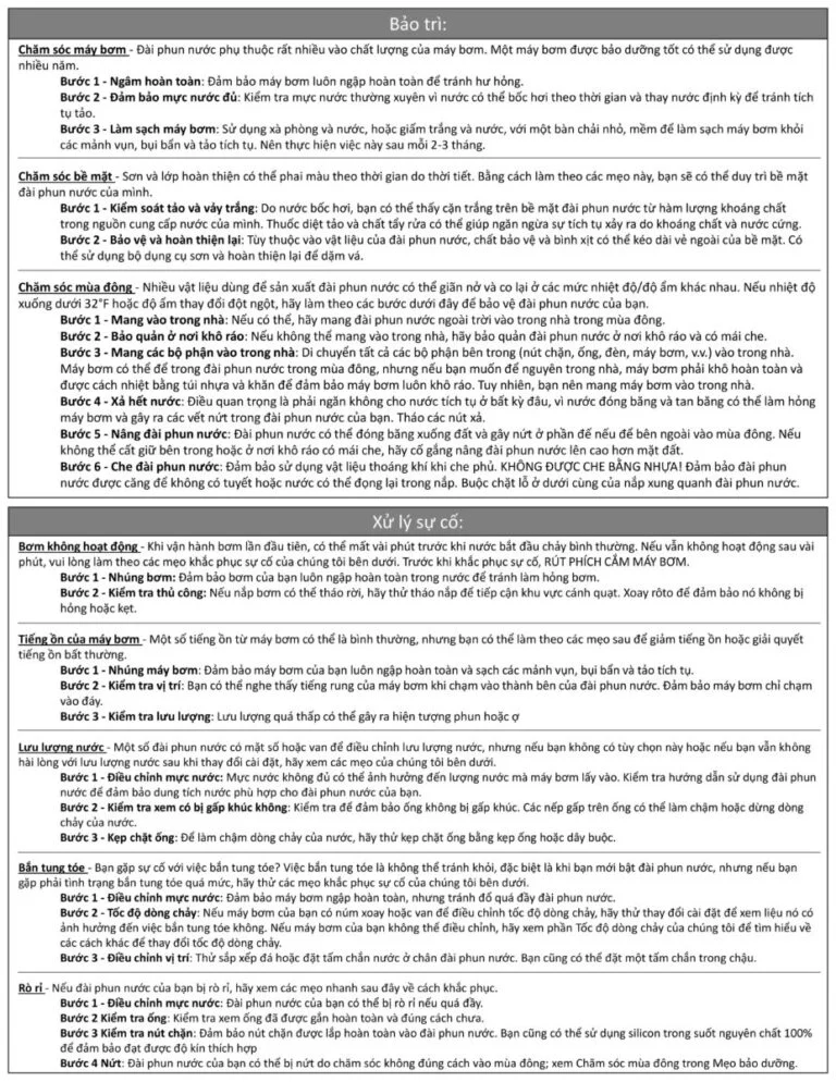 tờ 1 hướng bảo trì & xử lý sự cố đài phun nước seri ka5t tiếng Việt