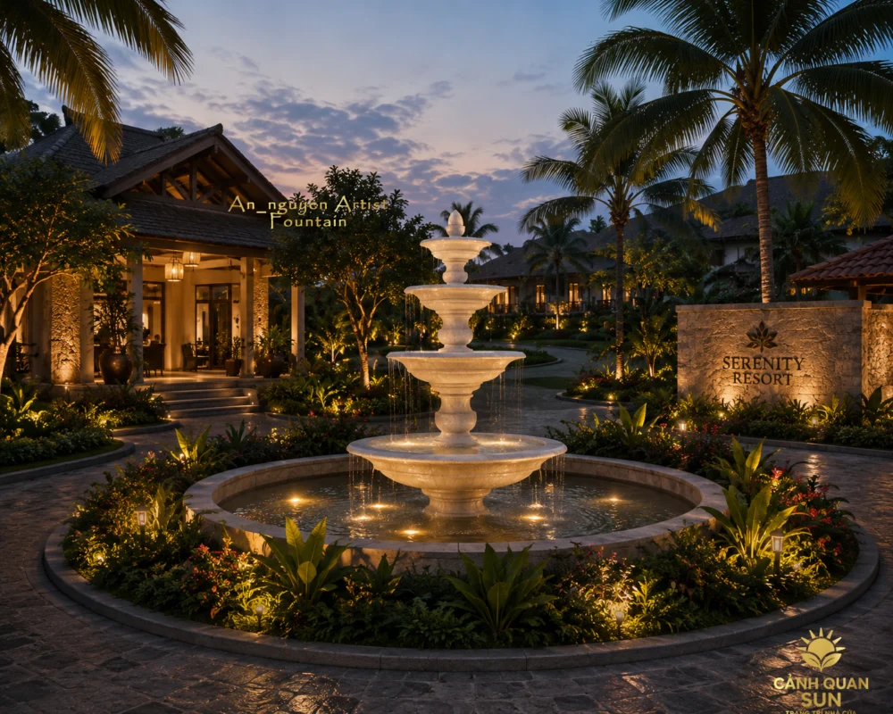 &yacute; tưởng s&acirc;n vườn resort với đ&agrave;i nước