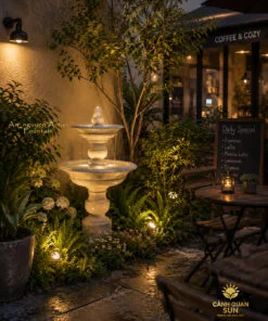 tiểu cảnh cafe với đài phun nước mini