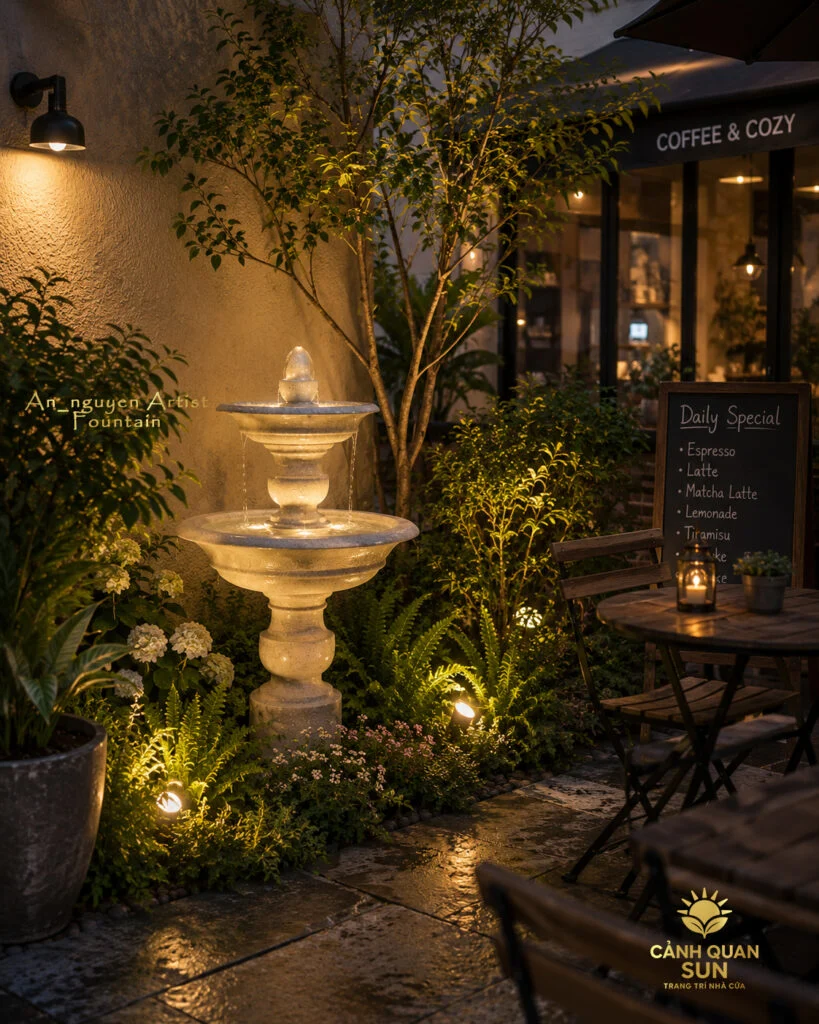 tiểu cảnh cafe với đ&agrave;i phun nước mini